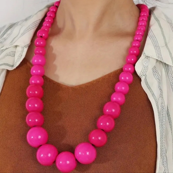 Jewelry - Women Fuschia Pink Wood Balls Elastic Long Necklace
